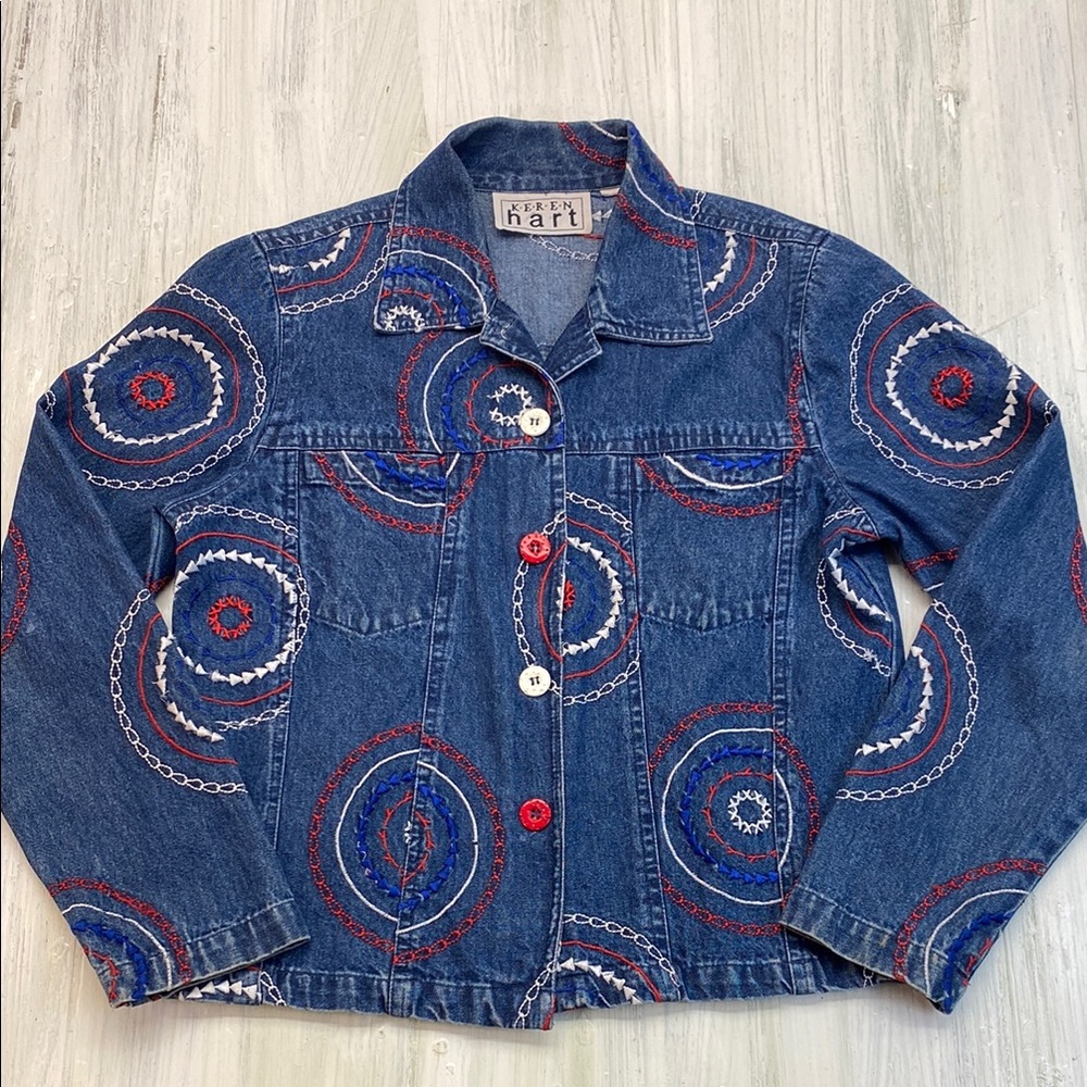 KEREN hart Blue Denim Jacket with Red and White Accents 
Sz Sp